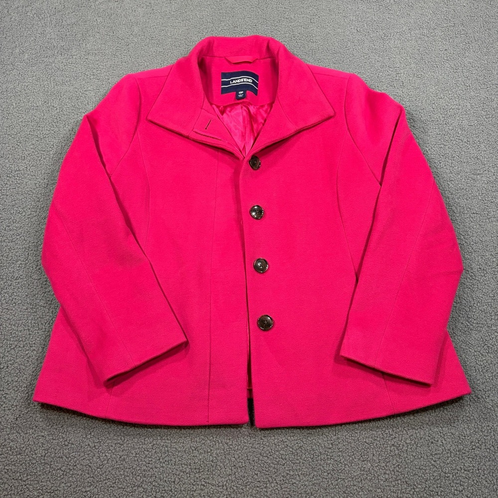 Lands End Pea Coat Womens 12P Pink Button Front Wool Blend Outerwear 489622